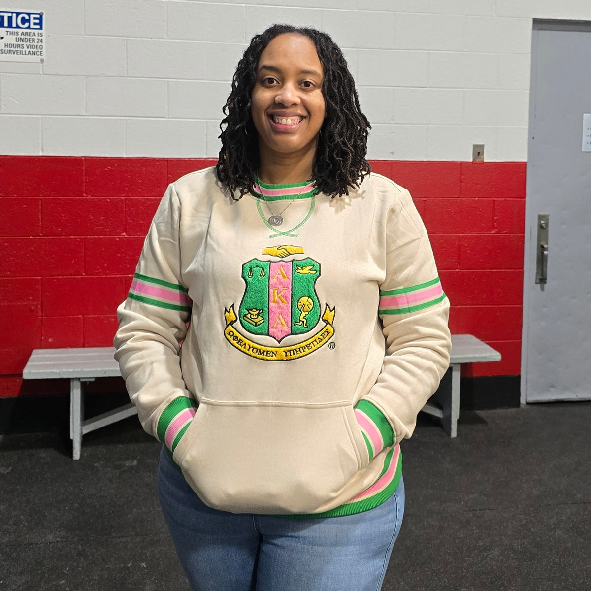 AKA Cream Stripe Crest Chenille Crewneck (Unisex Size)