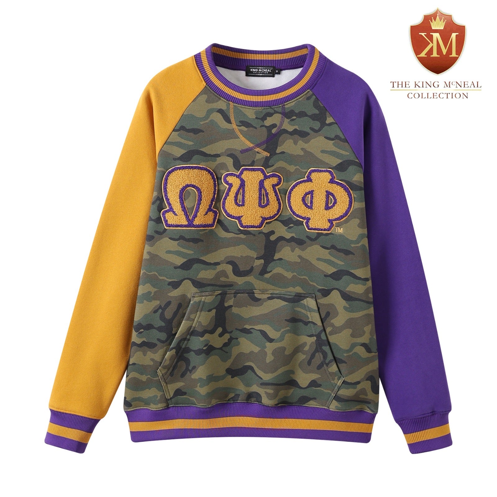 Omega Camo Opposite Sleeve Letter Chenille Crewneck