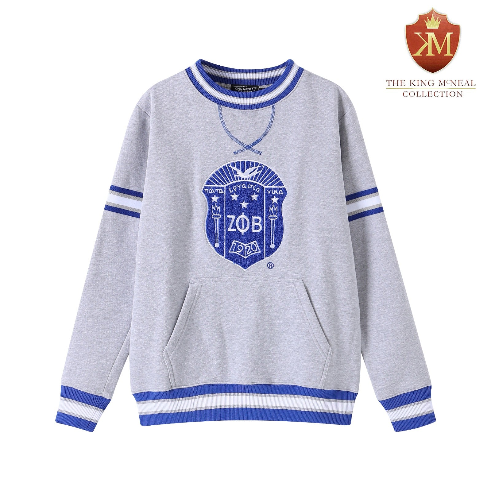 Zeta Grey Striped Crest Chenille Crewneck (Unisex Size)