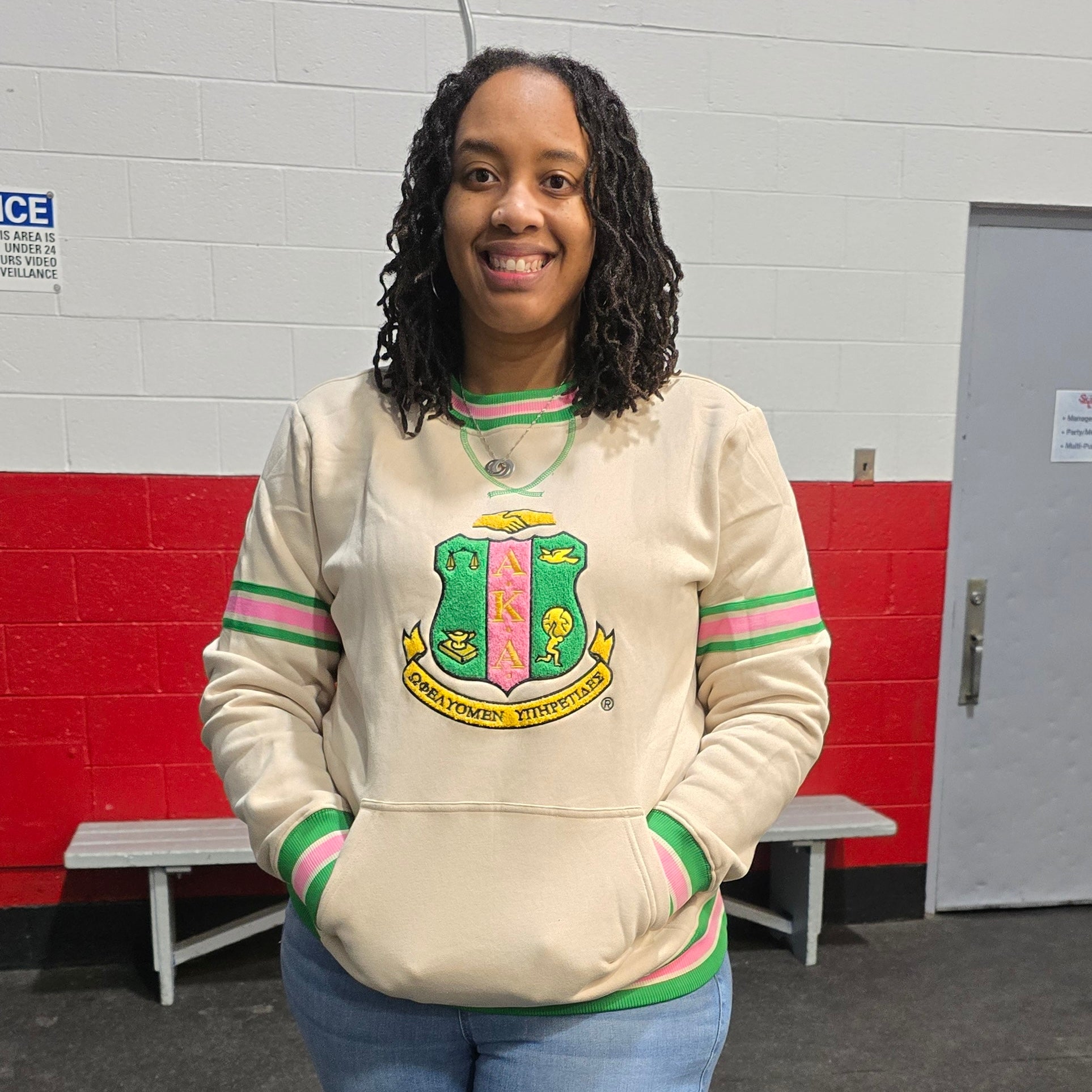 AKA Cream Stripe Crest Chenille Crewneck (Unisex Size)