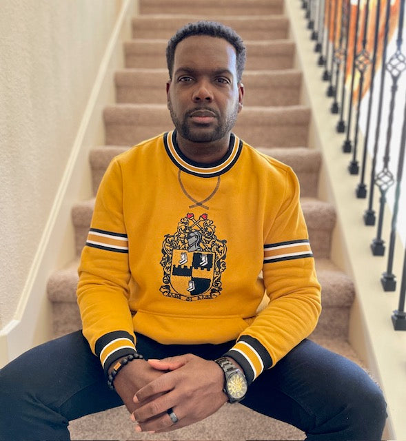 Alpha Gold Stripe Crest Chenille Crewneck