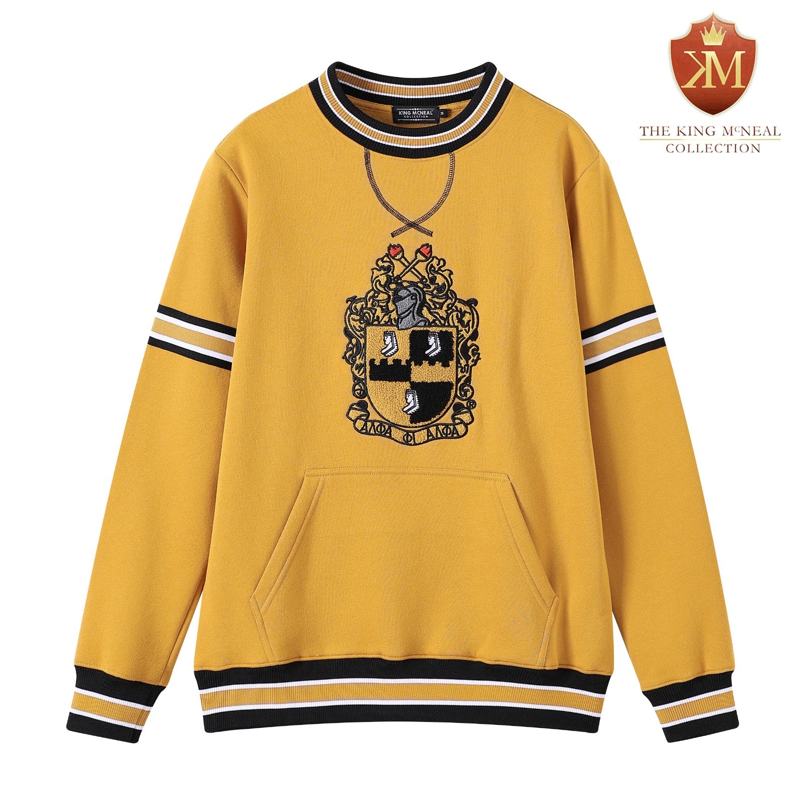 Alpha Gold Stripe Crest Chenille Crewneck