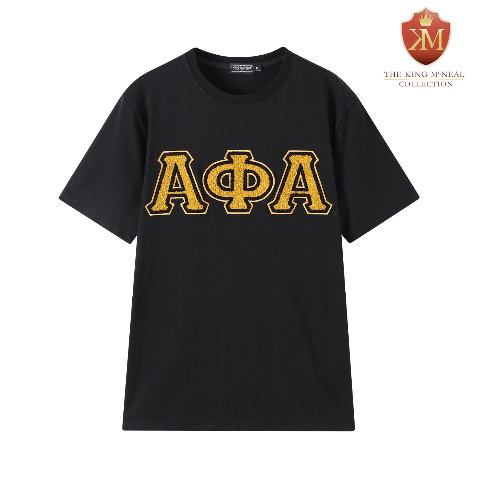 Premium Alpha Black Chenille Old Gold letter T-Shirt