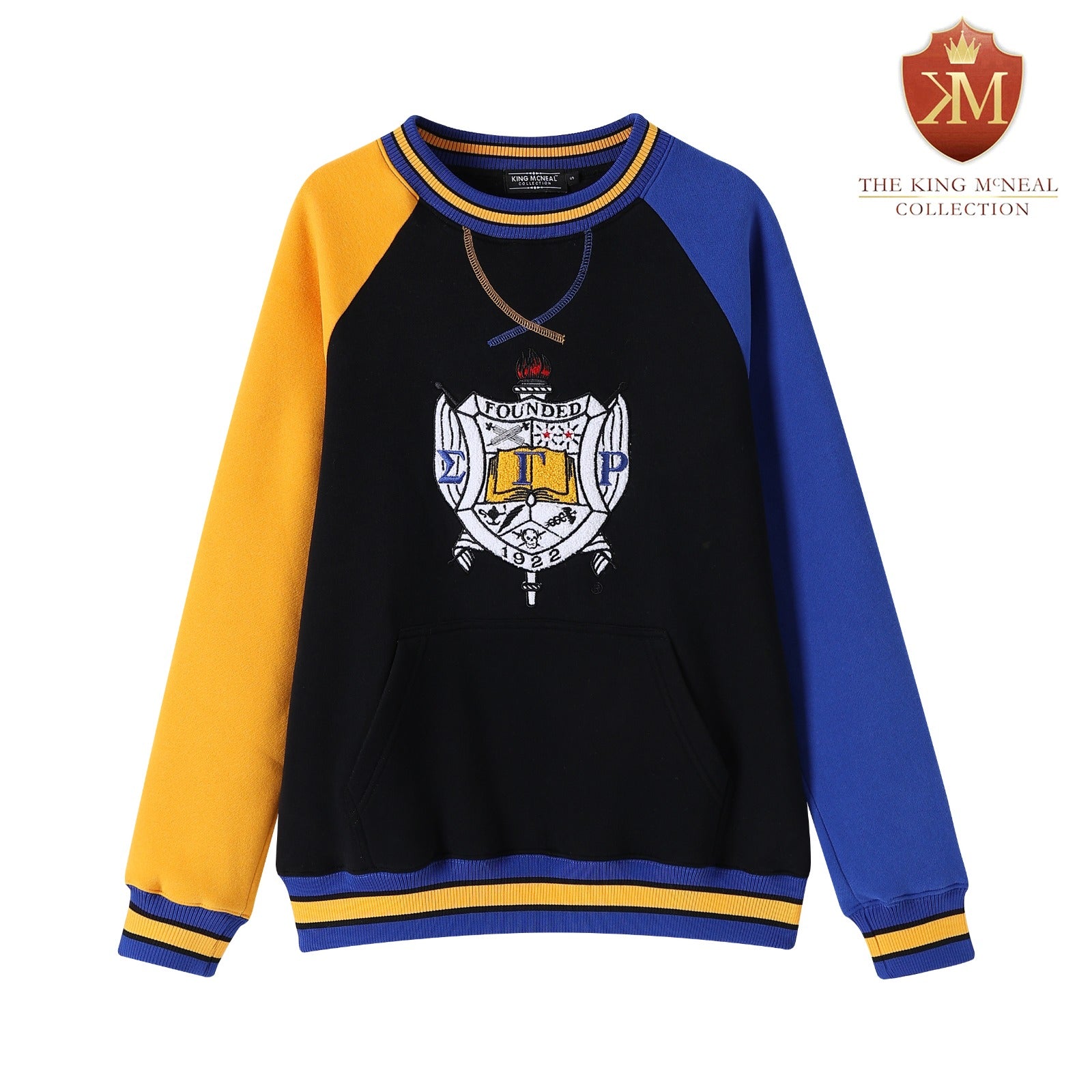 SGRho Black Opp Sleeve Chenille Crest Pocket Crewneck