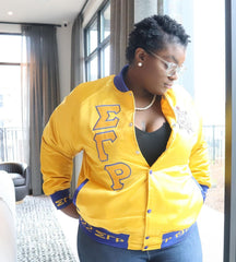 SGRho Gold Satin Bomber Jacket Custom Ribbon And Lining