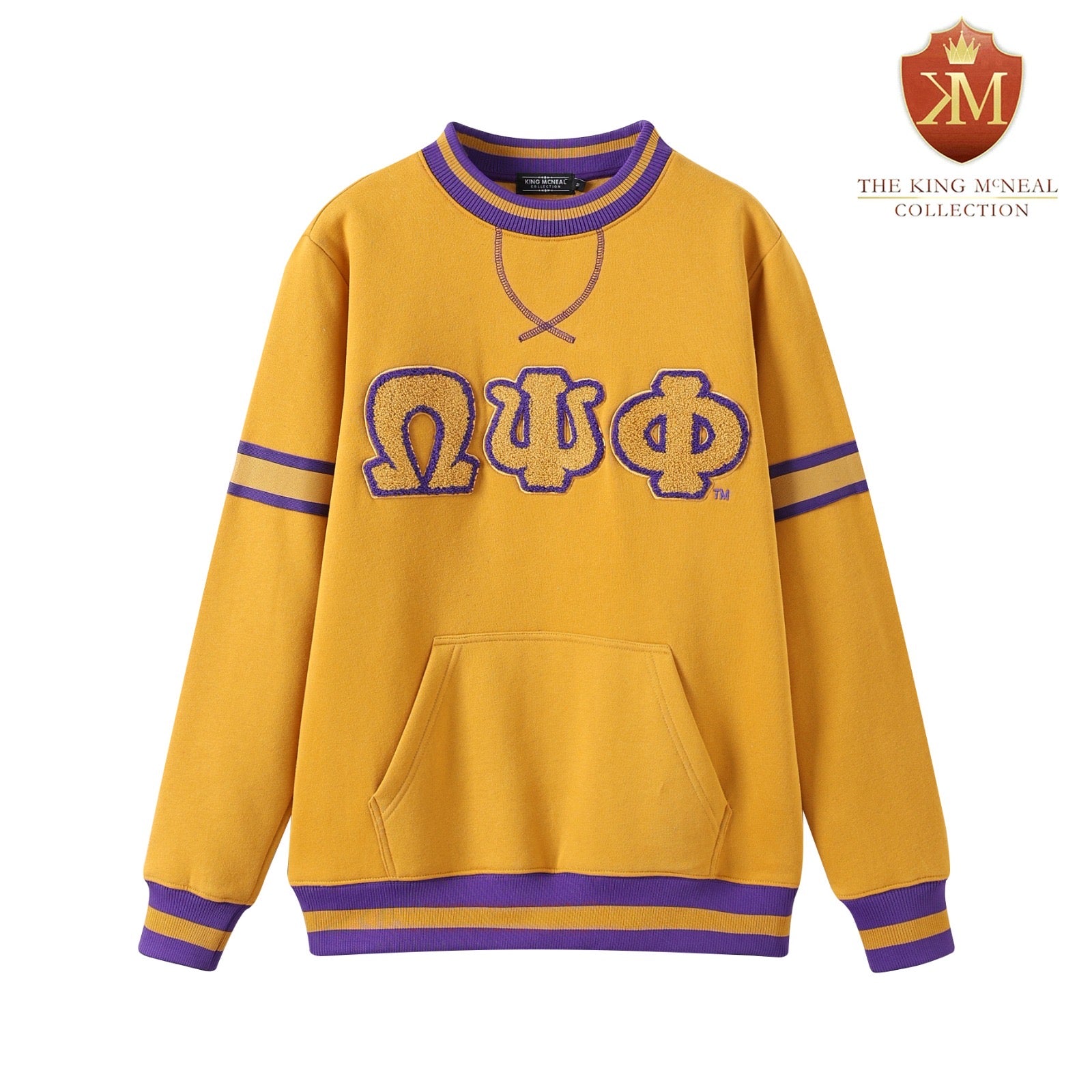 Omega Gold Stripe Letter Chenille Crewneck