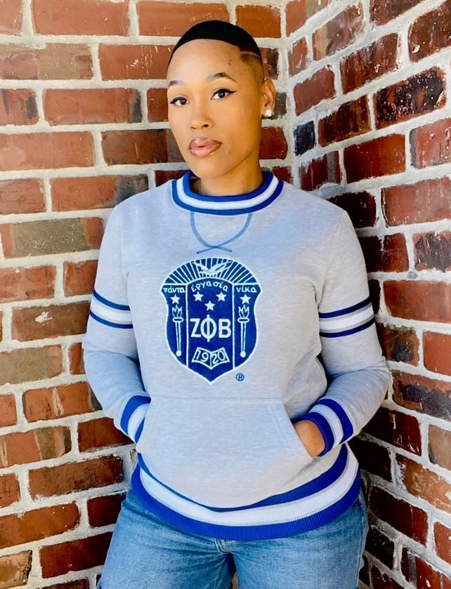 Zeta Grey Striped Crest Chenille Crewneck (Unisex Size)