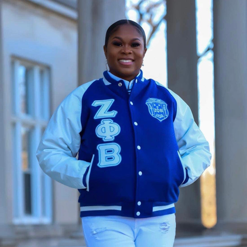 Royal Blue and White Varsity jacket with Leather Sleeves