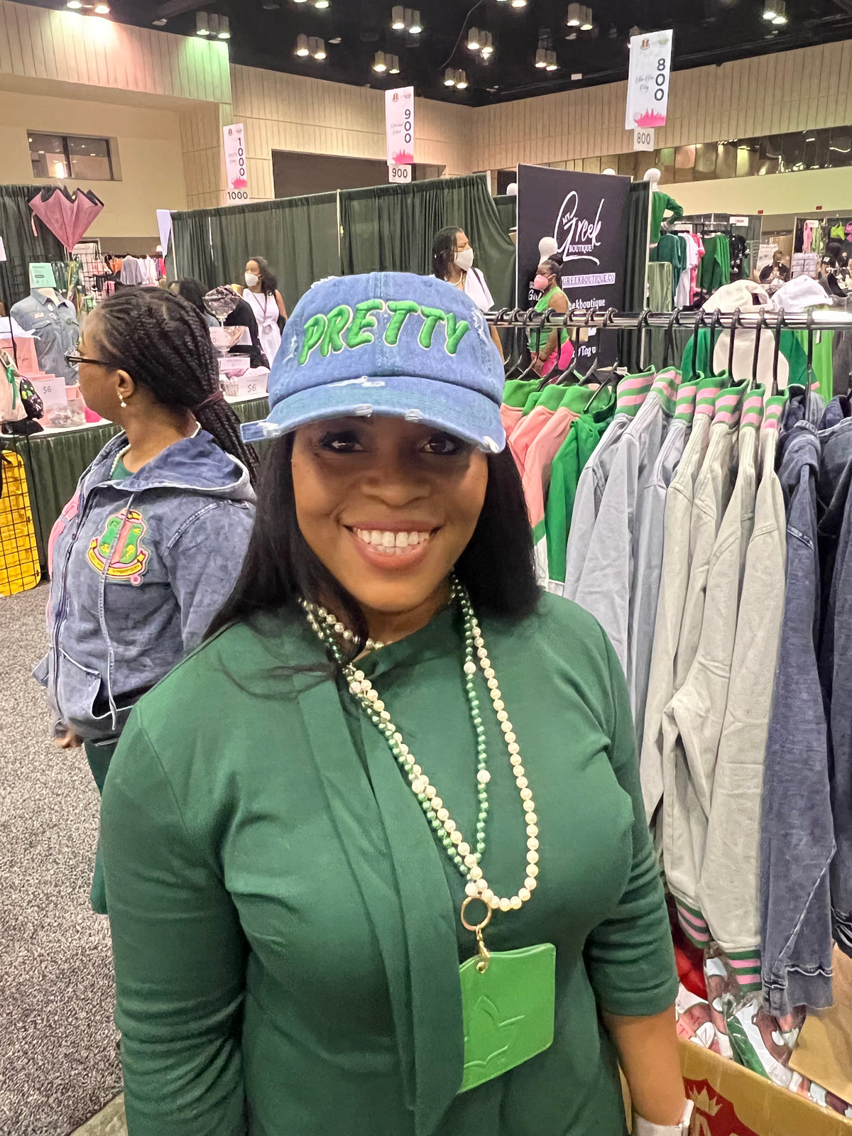 “PRETTY GIRL” Medium Wash Denim w/green stitching Hat