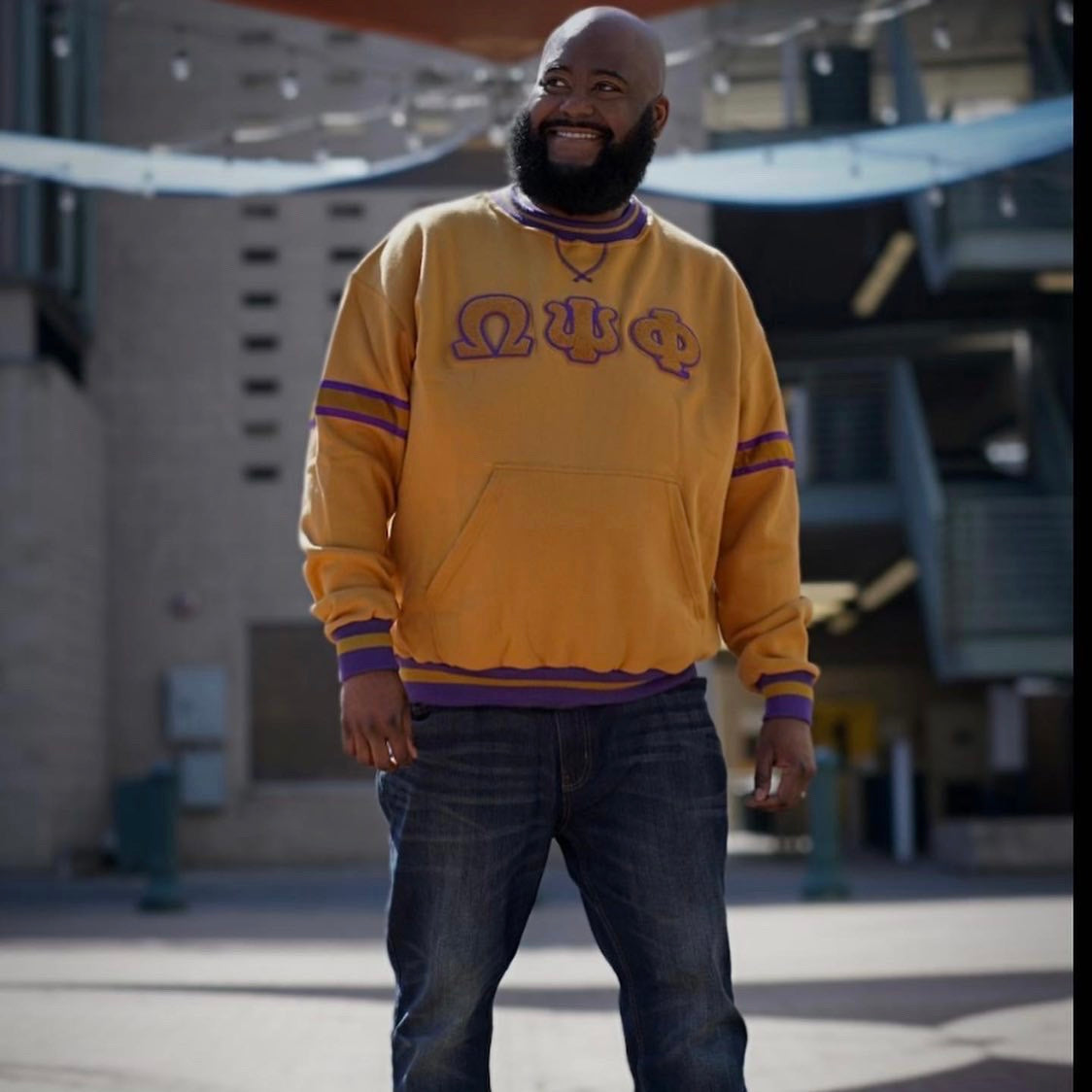 Omega Gold Stripe Letter Chenille Crewneck