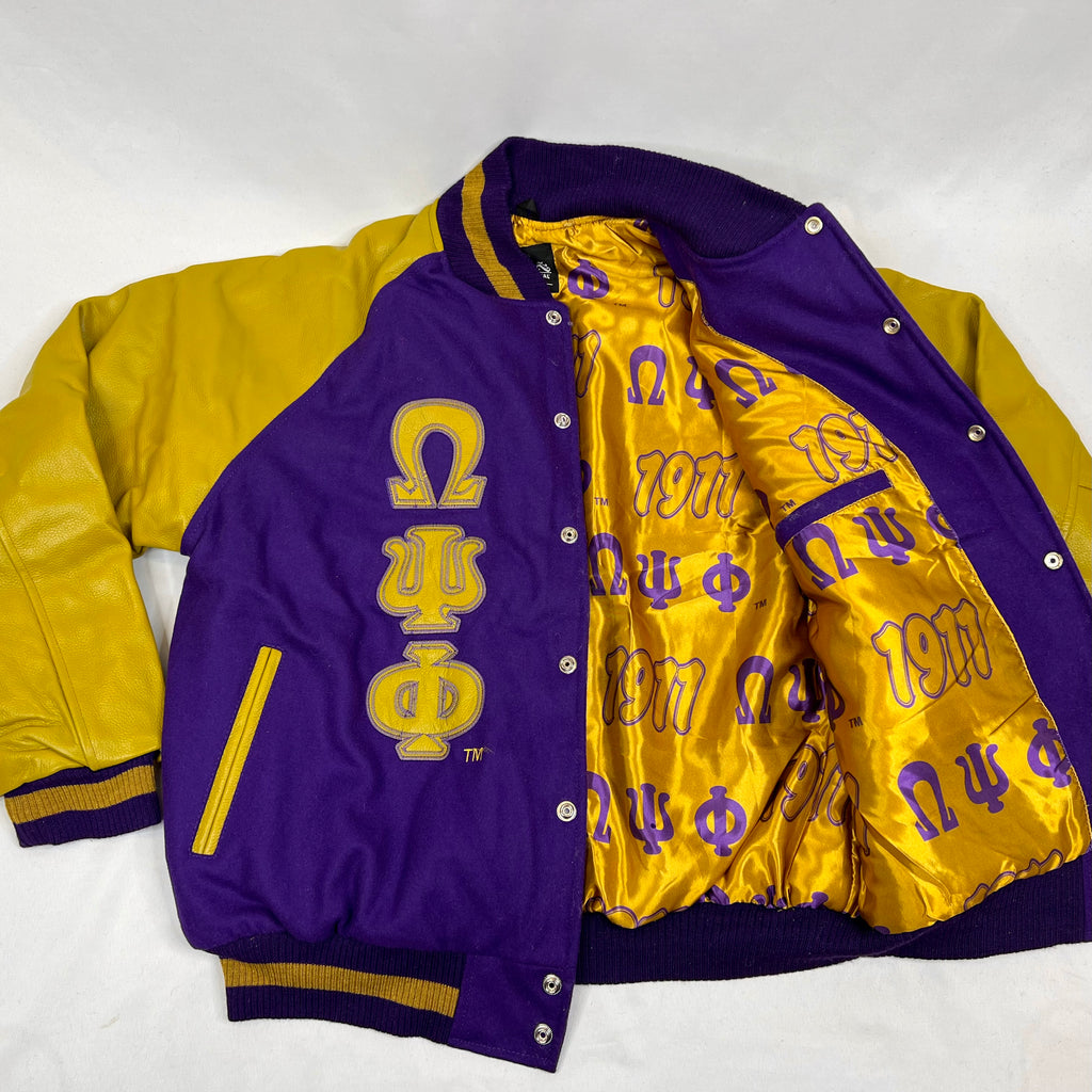 Purple Letterman Jacket with Gold Leather Sleeves