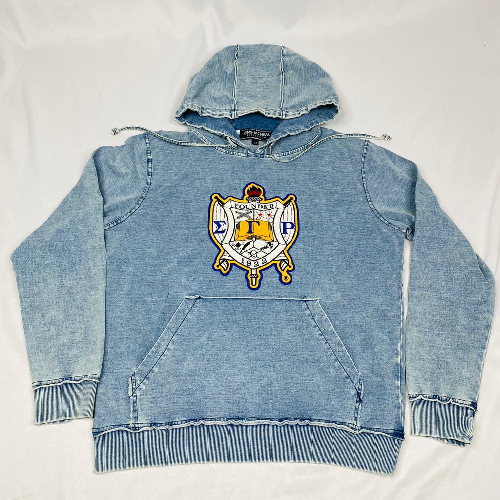 Sigma Gamma Rho Chenille Crest Light Denim Hoodie – The King